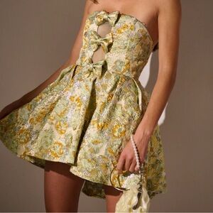 AKIRA Metallic Floral Party Dress - Sage Green & Gold
